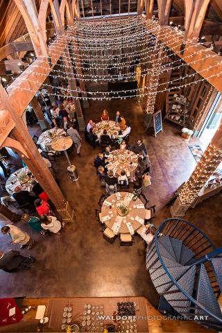 The reception area in the barn from above at Pure Water Farm barn wedding near Gatlinburg.